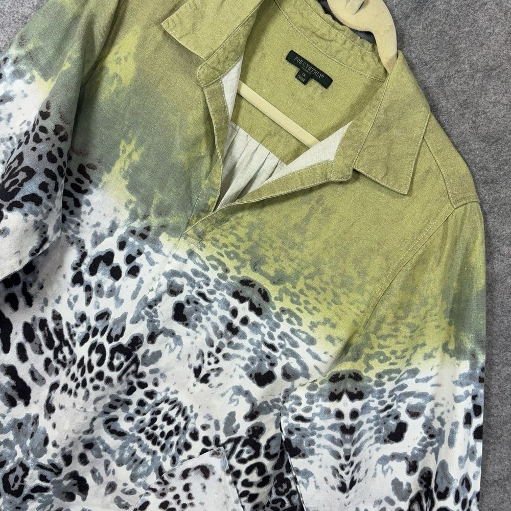 For Cynthia Linen Blend Tunic Top Women 1X Green Leopard Print Pullover Roll Tab